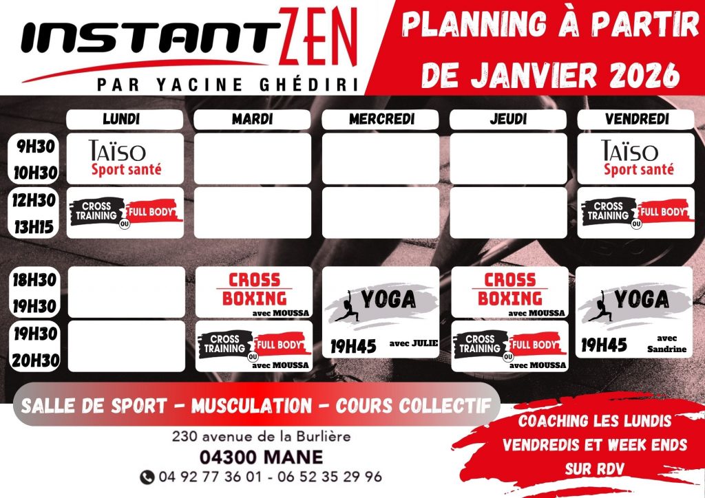 Planning des cours Salle de sport Instant Zen Février 2026