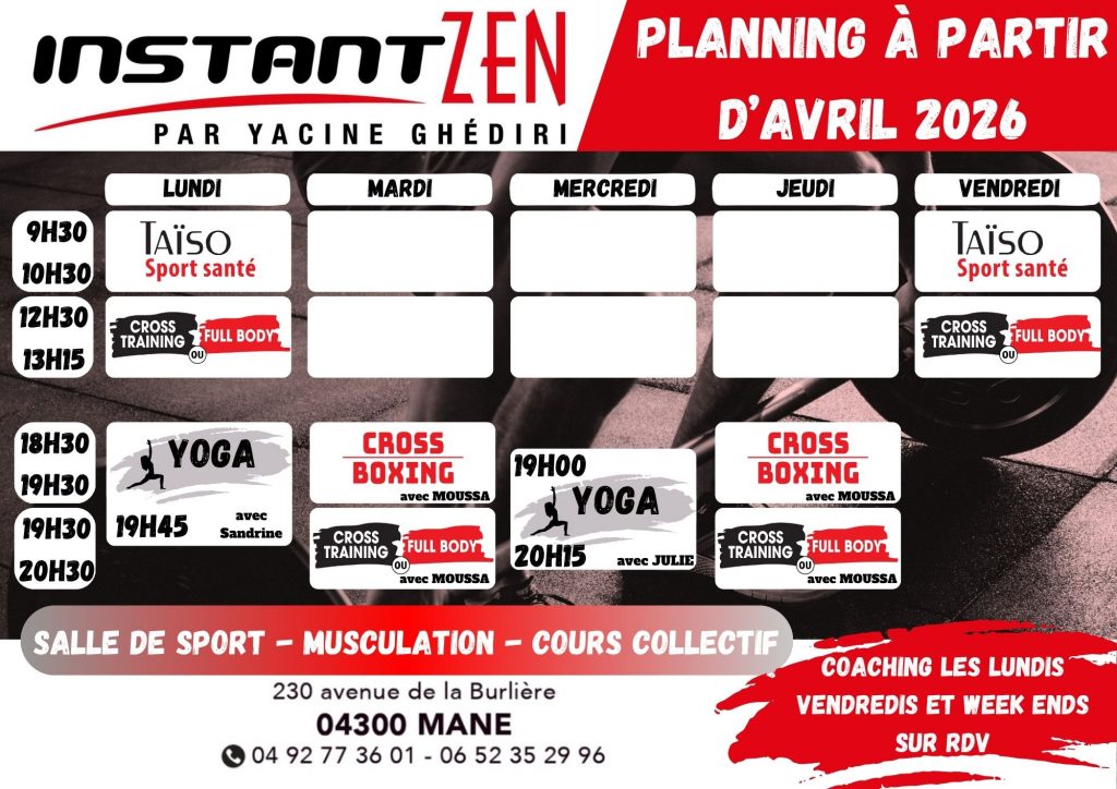 Planning Salle Instant Zen à partir d'avril 2026