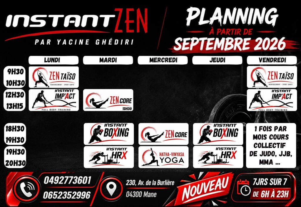 Planning salle Instant Zen 2026-2027